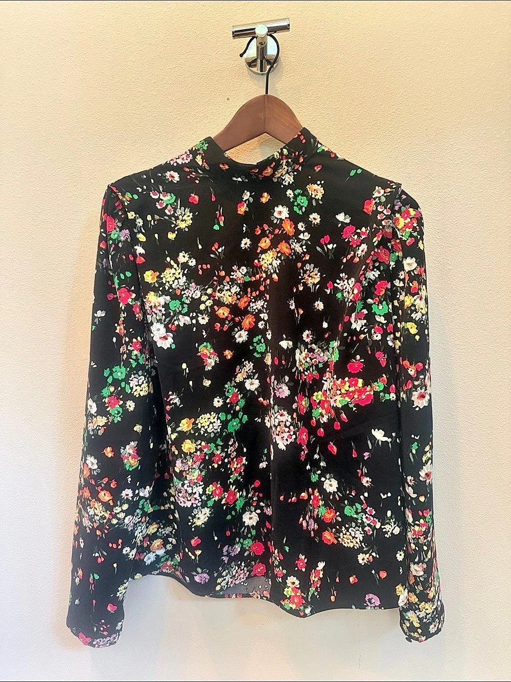 H&M Floral Mock Neck Long Sleeve Blouse Black & Multicolor